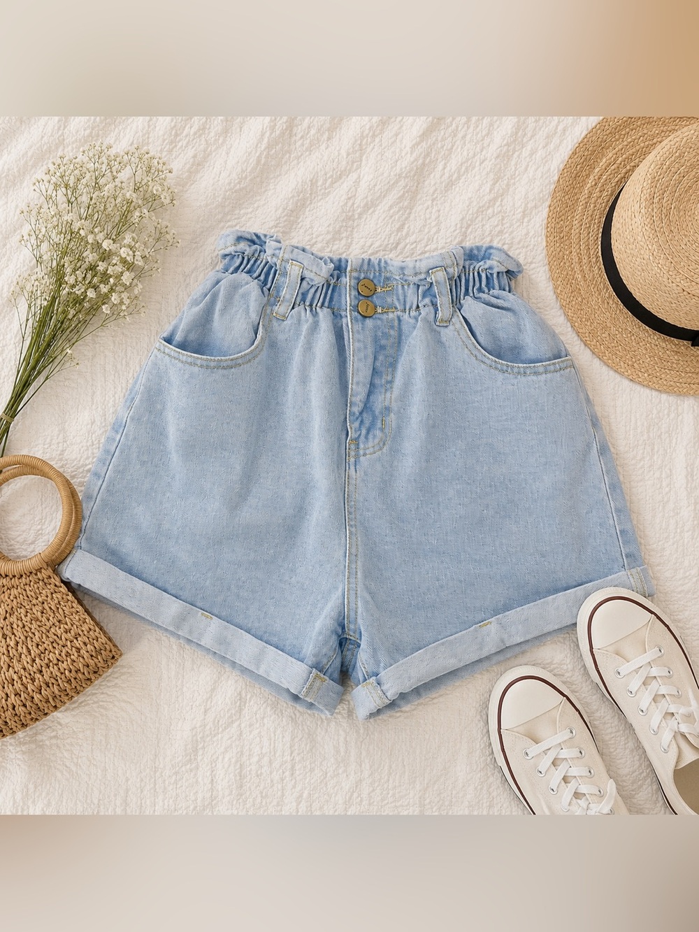 Plaid & Plain Paperbag Waist Denim Shorts Size Small Light Wash High Rise